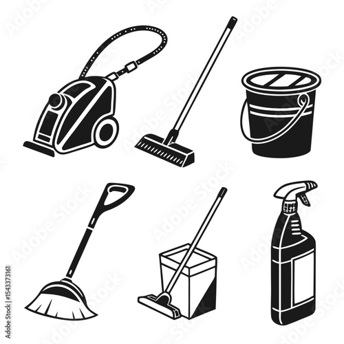 Black and white vector illustration of cleaning supplies tools and equipment