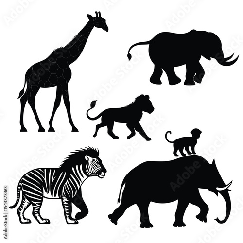 Silhouette animals collection giraffe elephant lion zebra and monkey in black and white design