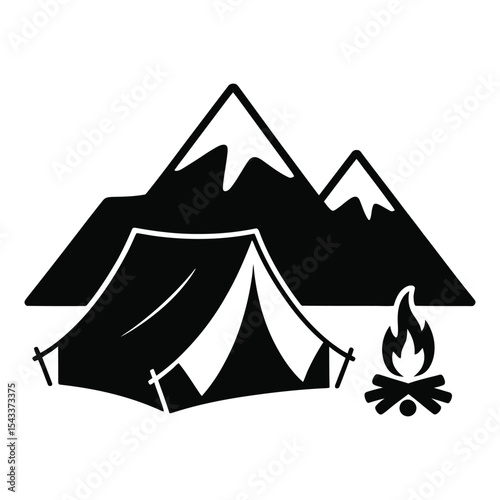Camping silhouette in mountains icon isolated on white background