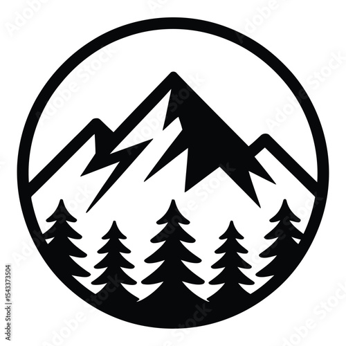 Mountain silhouette with pine trees in circle isolated on white background