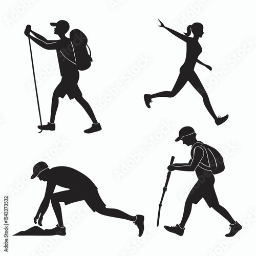 Silhouettes of hikers and a runner in motion depicting outdoor activities and adventures