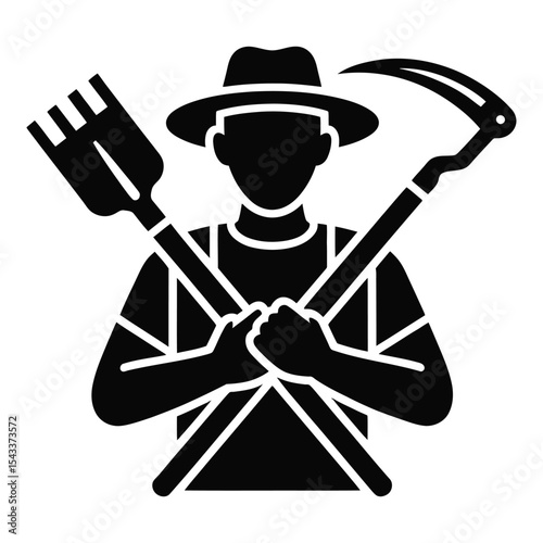 Farmer silhouette with tools isolated on white background