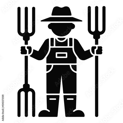 Farmer silhouette with pitchforks isolated on white background