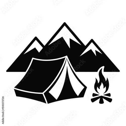 Camping tent mountains campfire silhouette isolated on white background