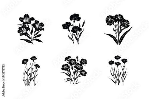 Six black silhouettes of alstroemeria and carnation flowers