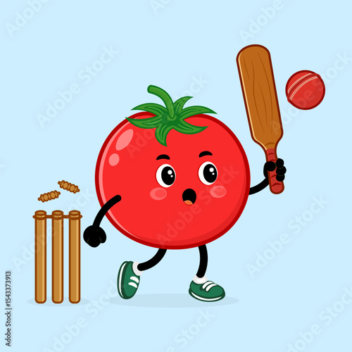 A cheerful Tomato character enjoys a game of cricket with a bat and ball.