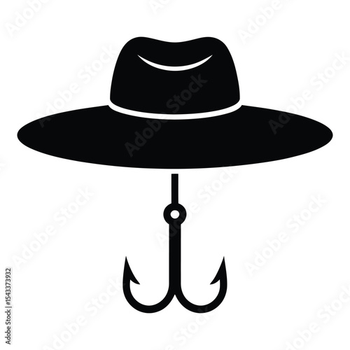 Wide brim hat with fishing hook silhouette isolated on white background