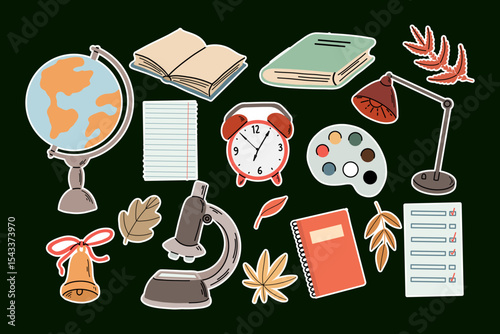 Flat vector illustration of a hand drawn stickers set of school supplies and classroom items, including globe, desk lamp, notebook, books, autumn leaves and more. Isolated on black background