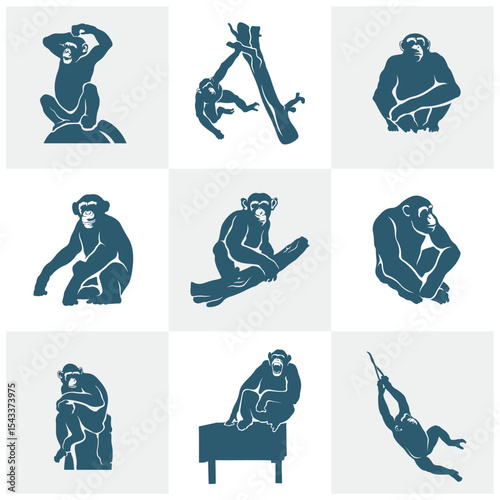 Set of Chimpanzee logo design vector. Silhouette Chimpanzee Template Illustration. Icon Symbol