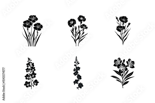 Six black and white floral silhouettes