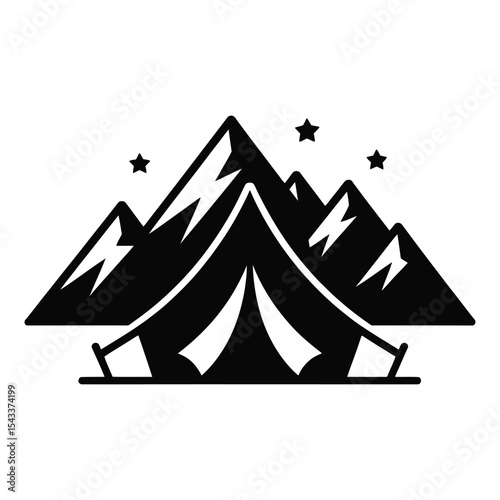 Mountain camping tent silhouette isolated on white background