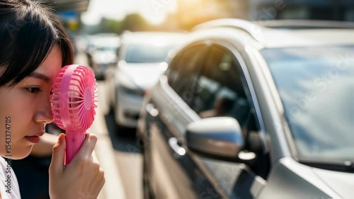 An asian woman feeling hot on a sunny street, using a pink portable mini fan to cool her face. Summer heatwave and personal electronics concept. Use for gadget advertising