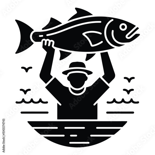Fisherman holding large fish silhouette isolated on white background