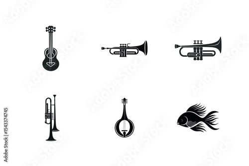 Simple black icons of musical instruments and fish