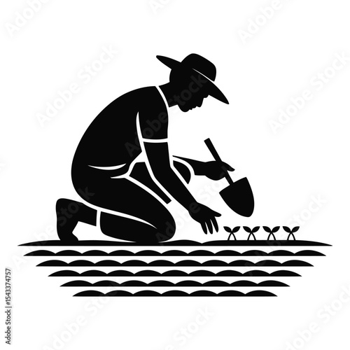 Farmer planting seedlings silhouette isolated on white background
