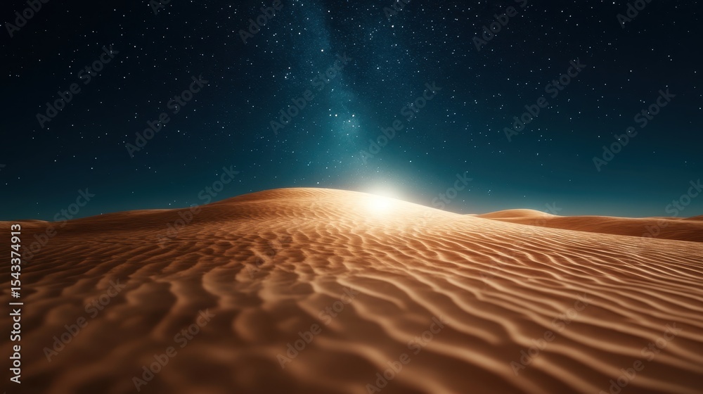 Naklejka premium A breathtaking desert landscape illuminated by the soft glow of dawn, showcasing rolling sand dunes under a starry sky and the hint of a new day emerging on the horizon.