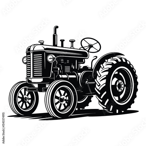Vintage farm tractor silhouette isolated on white background