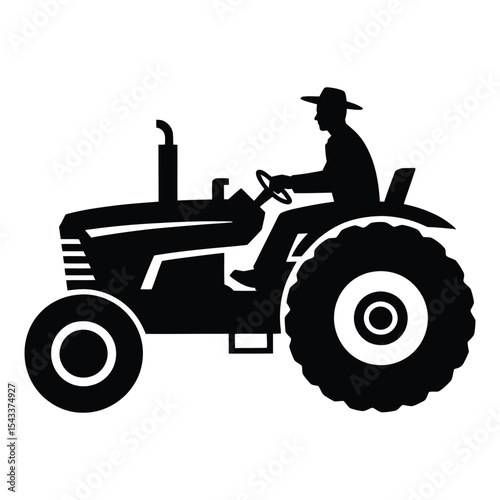 Farmer driving tractor silhouette isolated on white background