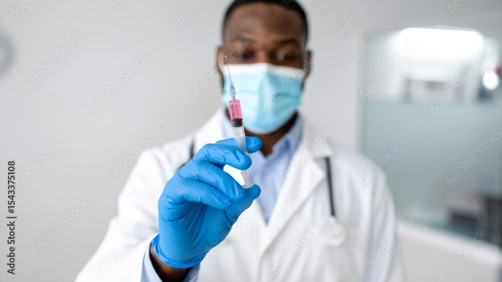 A doctor in a white coat and blue gloves holds a syringe with a pink liquid A doctor in a white coat and blue gloves holds a syringe with a pink liquid