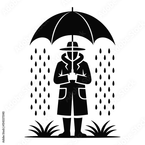 Man in raincoat under umbrella silhouette isolated on white background