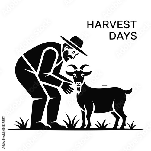 Farmer and goat silhouette harvest days isolated on white background