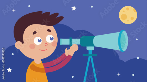 Cartoon boy using telescope to observe the moon in starry night sky