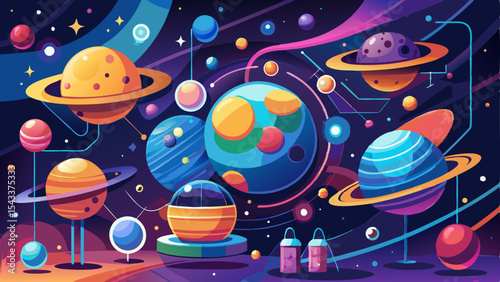 Colorful cartoon illustration of abstract planets and cosmic elements in a fantasy space scene
