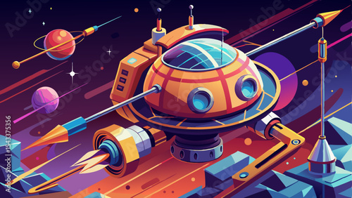 Futuristic cartoon space station orbiting in colorful outer space with planets and stars