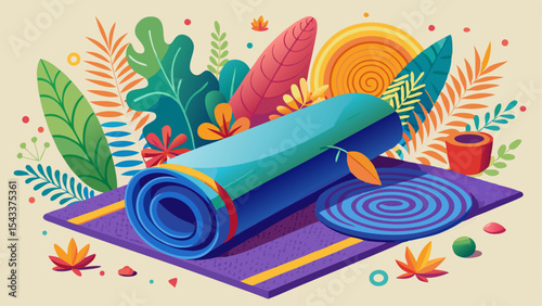 Colorful cartoon yoga mat on the ground surrounded by tropical leaves and abstract nature elements