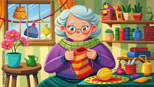 Cartoon grandmother happily knitting a striped sweater in a cozy, colorful room with yarn and decor