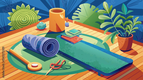 Cartoon yoga setup with mat, books, and greenery on wooden floor in a peaceful indoor space