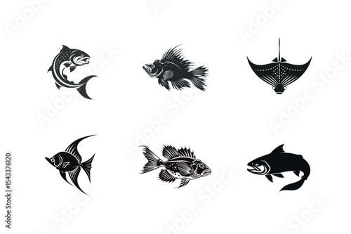 Six black silhouettes of various fish species