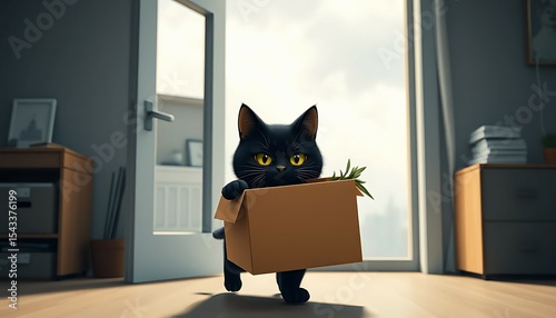 Black Cat Carrying Cardboard Box Indoors with Plants