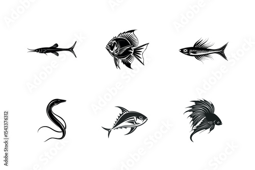 Six stylized fish silhouettes set