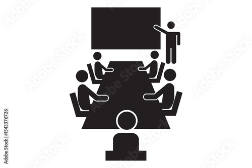 Meeting room on people icon. Stickman at conference, man icon, office meeting, stick figure people icon. Bord icon.