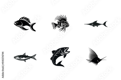 Six black silhouettes of different fish species