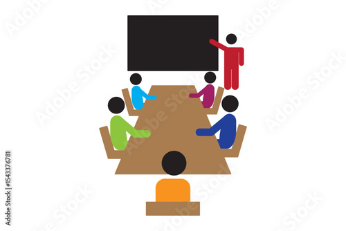 Meeting room on people icon. Stickman at conference, man icon, office meeting, stick figure people icon. Bord icon.