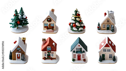Pack Collection Charming Christmas Village Houses Festive Holiday Decorations set against transparent background