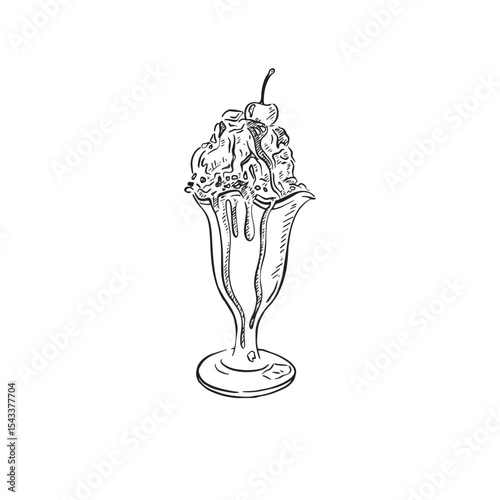 An ice cream sundae drawn in black and white with a cherry on top with whipped cream