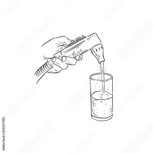 A hand pouring a soft drink into a tumbler glass. Illustration in black.