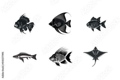 Six black and white fish illustrations
