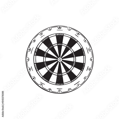 Dart board hand drawn in black and white. 