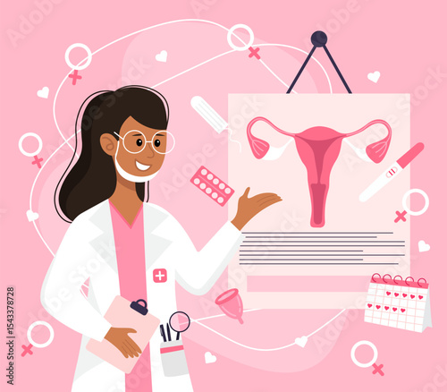 Illustration of a female gynecologist on a pink background.