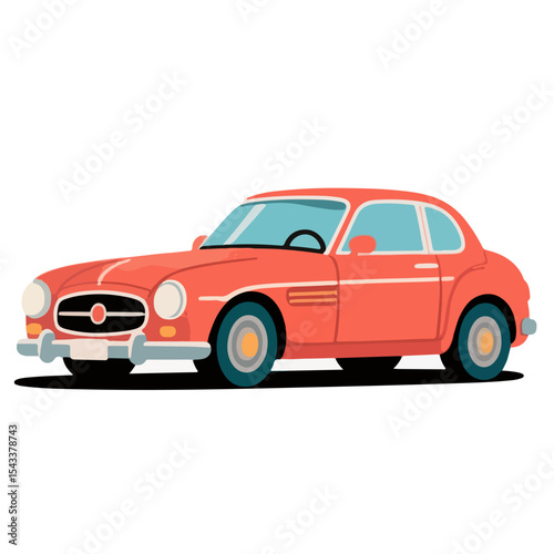 Stylized coral vintage car with teal windows and dark shadow.