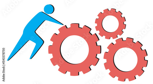 the concept of a business process from a worker who is pushing the gear of the project. vector illustration with a white background