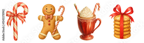 Watercolor Christmas Treats Set with Candy Cane, Gingerbread Man, Hot Chocolate Mug and Cookie Stack