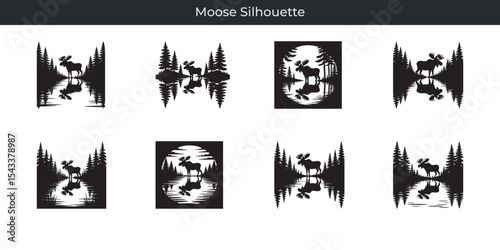 Elegant black and white moose silhouette designs with reflections in calm waters and forests
