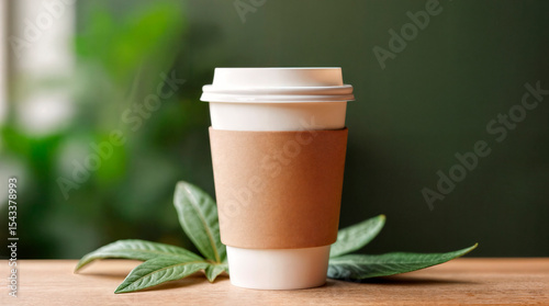 Paper coffee cup stands on table, against neutral background. High quality photo