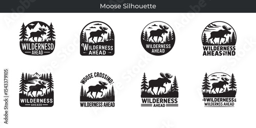 Diverse moose silhouette wilderness adventure and outdoor themed design elements ready for use