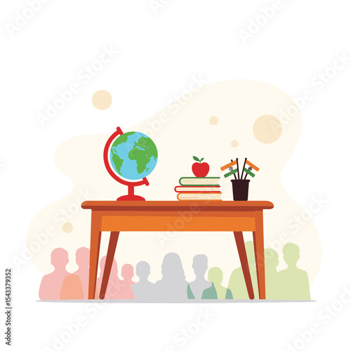 Teacher's desk with globe and books in classroom, educational inspiration